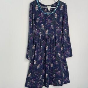 Monsoon Woodland Long Sleeve Owl Print Viscose Dress Vintage Y2K Size 7-8 Yrs